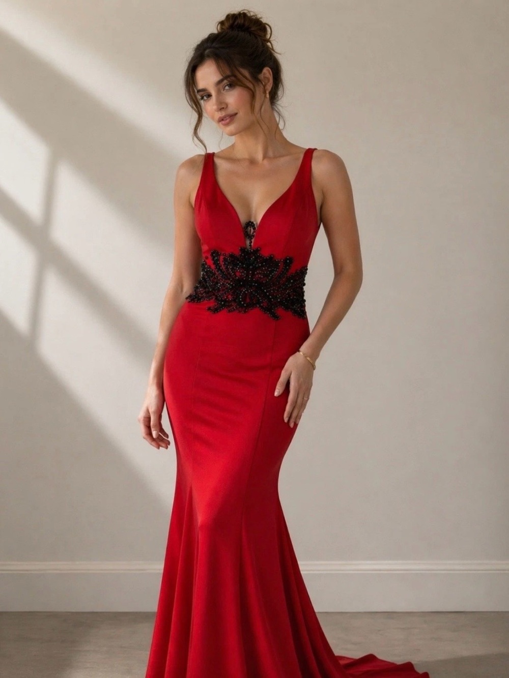 Cinderella Divine Elegant Red V-Neck Prom Gown with Black Beaded Waist
